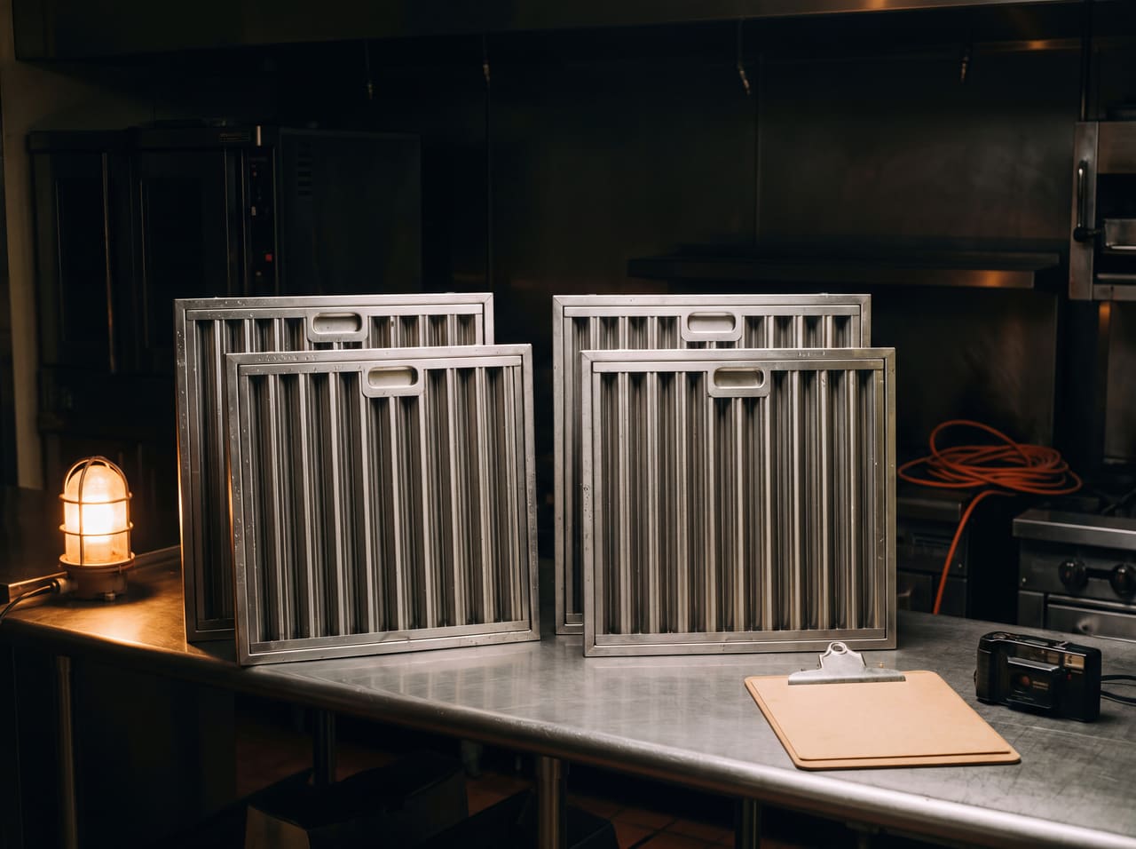 Baffle filters staged on a stainless counter beside a work light and a clipboard.
