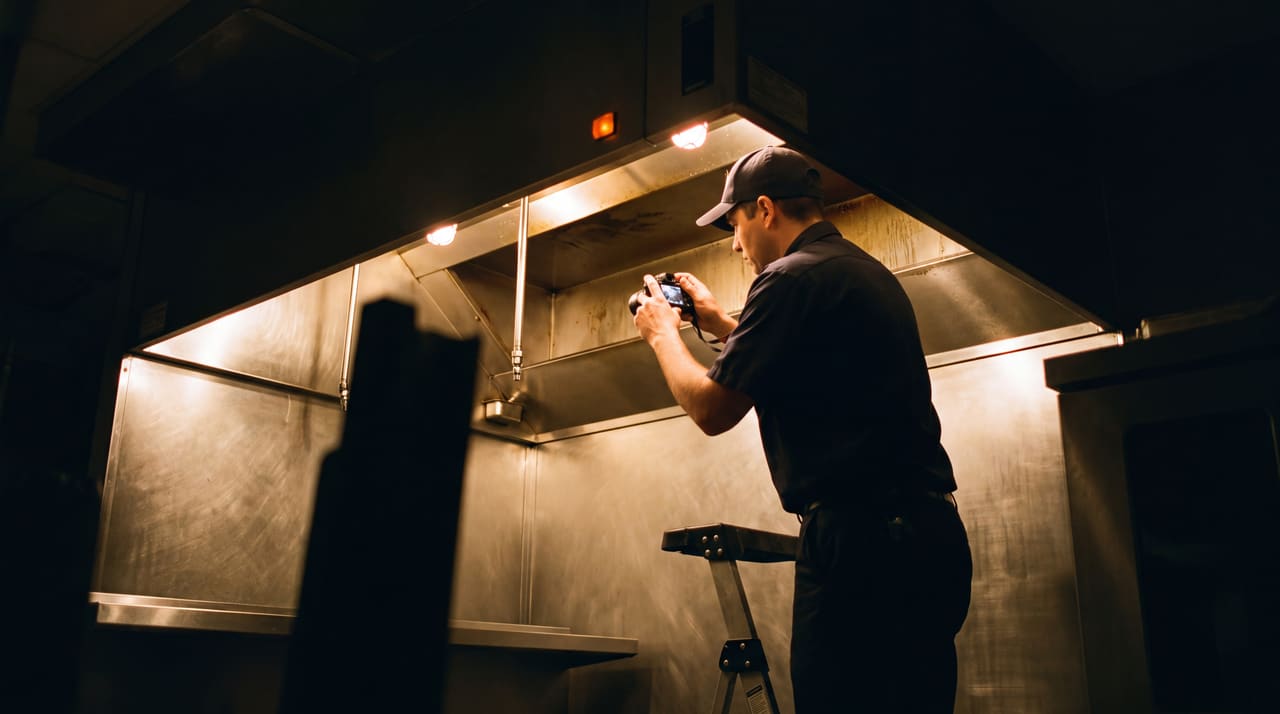 A technician standing on a stool photographs the interior of a stainless steel hood canopy in an unlit kitchen.