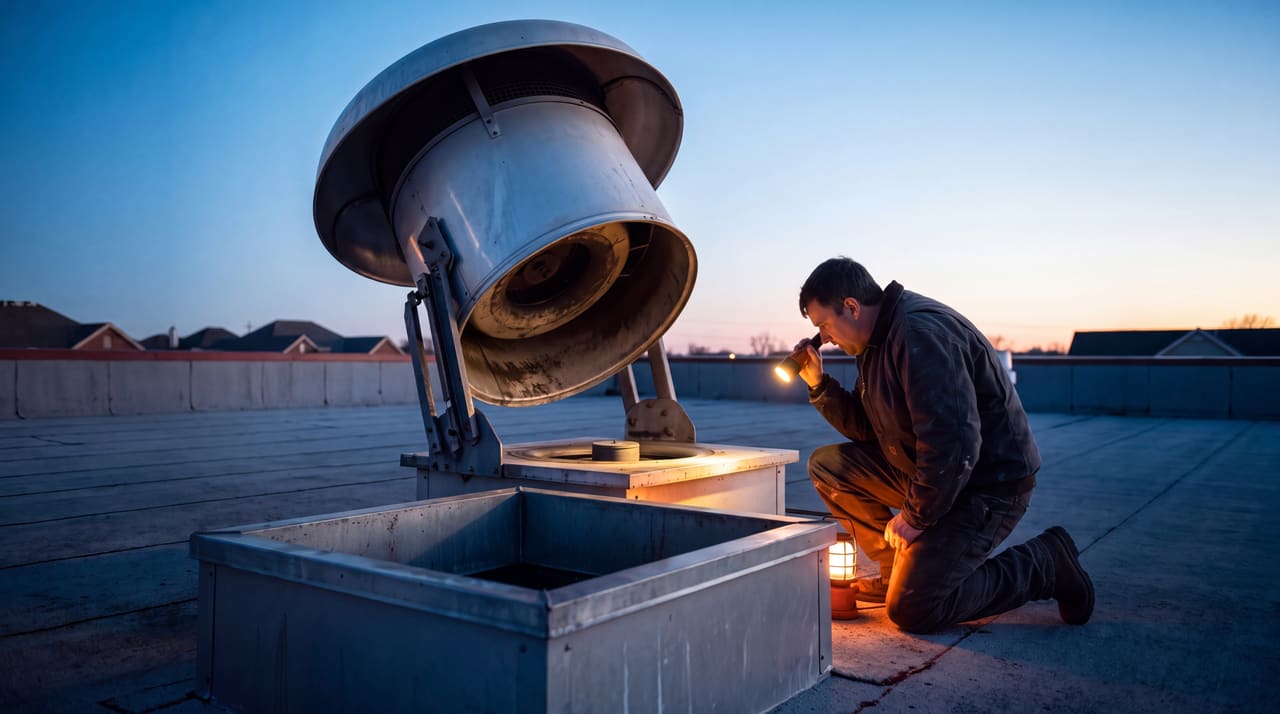 A rooftop exhaust fan hinged open at first light, a work light and a technician beside it on the roof deck.
