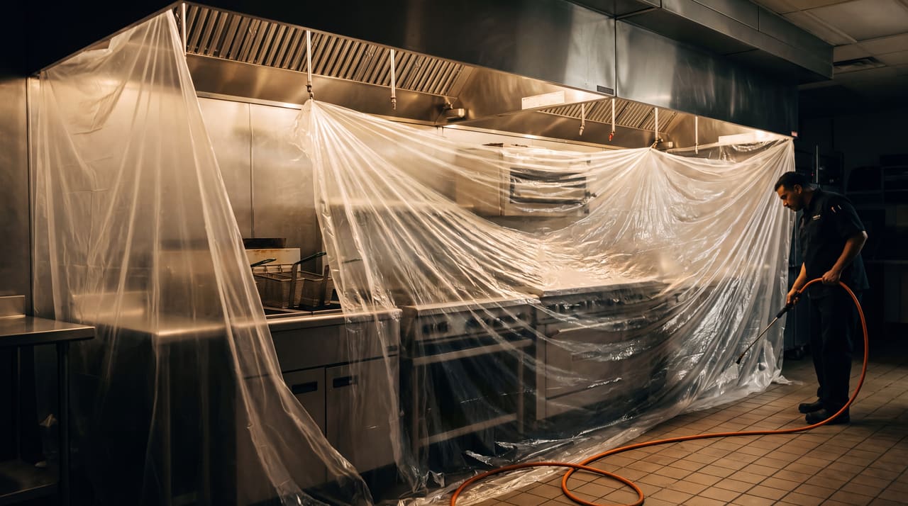 A cook line and its hood tented under sheet plastic in a dark, closed kitchen.